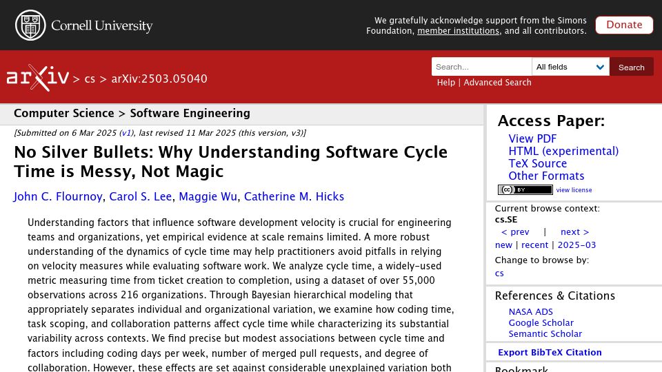 Screenshot of arxiv.org: Why Understanding Software Cycle Time Is Messy, Not Magic