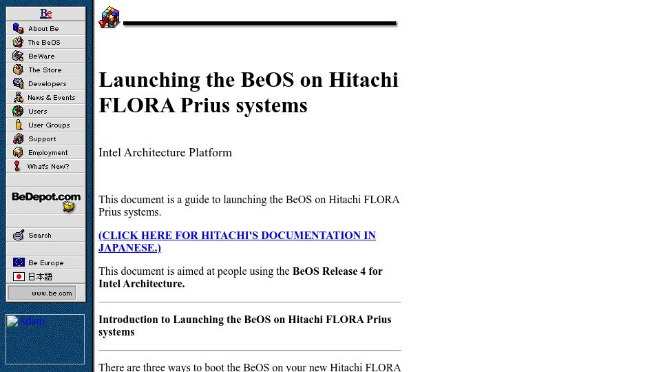 Screenshot of testou.free.fr: Launching the BeOS on Hitachi Flora Prius Systems (1999)