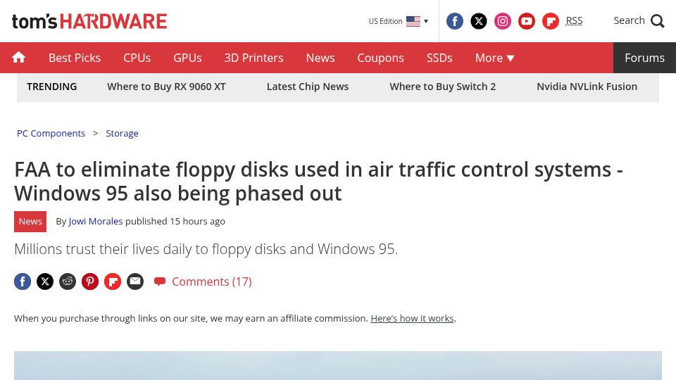 Screenshot of tomshardware.com: FAA to eliminate floppy disks used in air traffic control systems