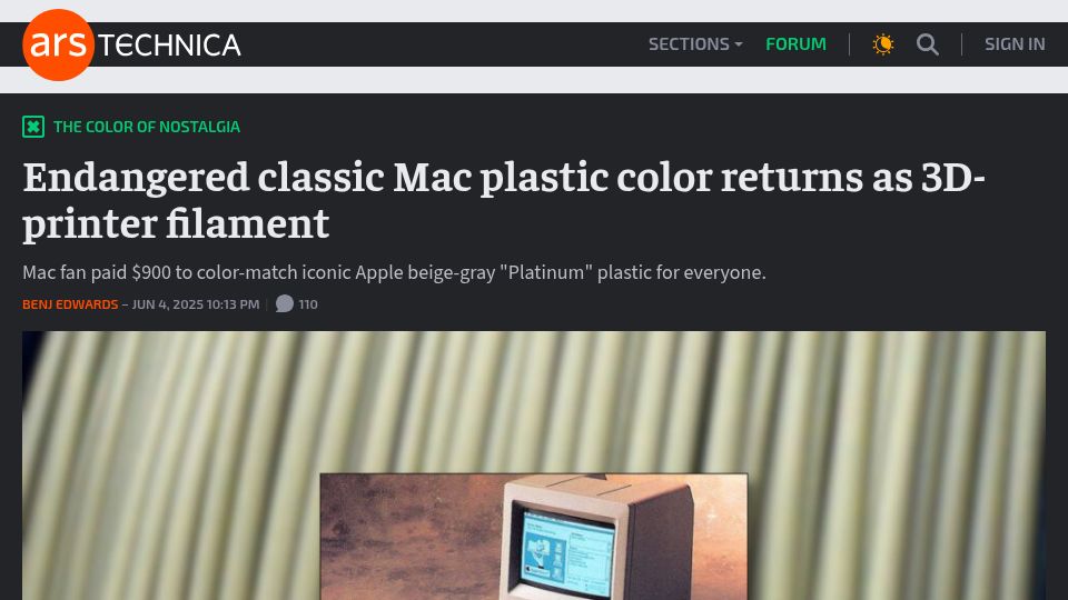 Screenshot of arstechnica.com: Endangered classic Mac plastic color returns as 3D-printer filament