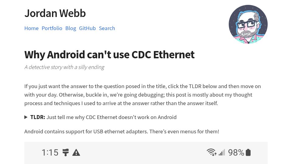 Screenshot of jordemort.dev: Why Android can't use CDC Ethernet (2023)