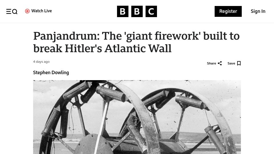 Screenshot of bbc.com: Panjandrum: The ‘giant firework’ built to break Hitler's Atlantic Wall