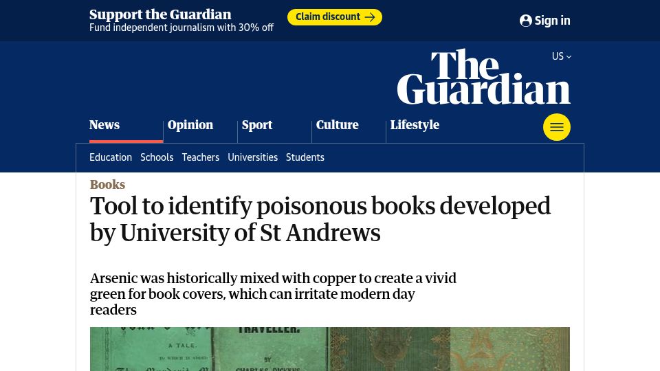 Screenshot of theguardian.com: Tool to identify poisonous books developed by University of St Andrews