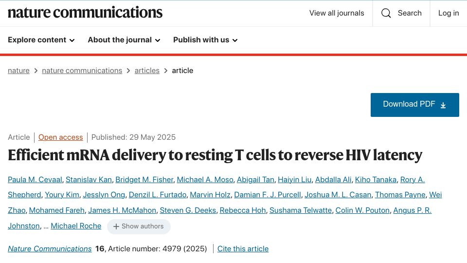 Screenshot of nature.com: Efficient mRNA delivery to resting T cells to reverse HIV latency