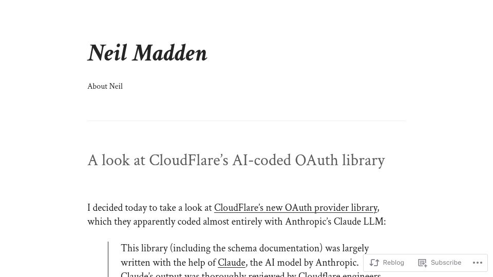 Screenshot of neilmadden.blog: A look at Cloudflare's AI-coded OAuth library