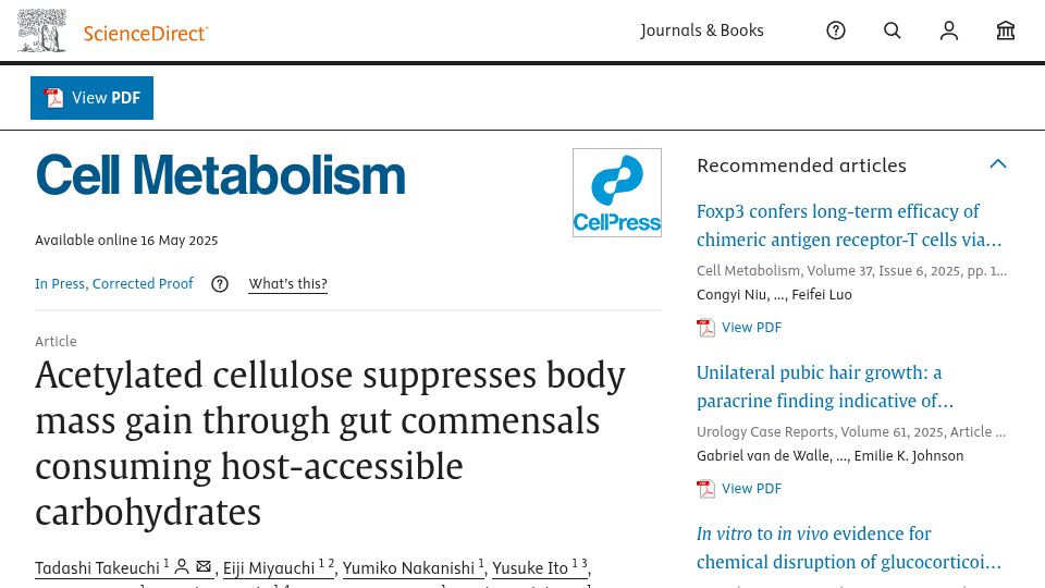 Screenshot of sciencedirect.com: Acetylated cellulose suppresses mass through commensals consuming carbohydrates