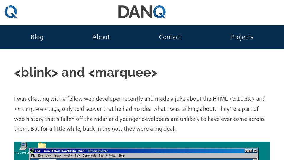 Screenshot of danq.me: <Blink> and <Marquee> (2020)