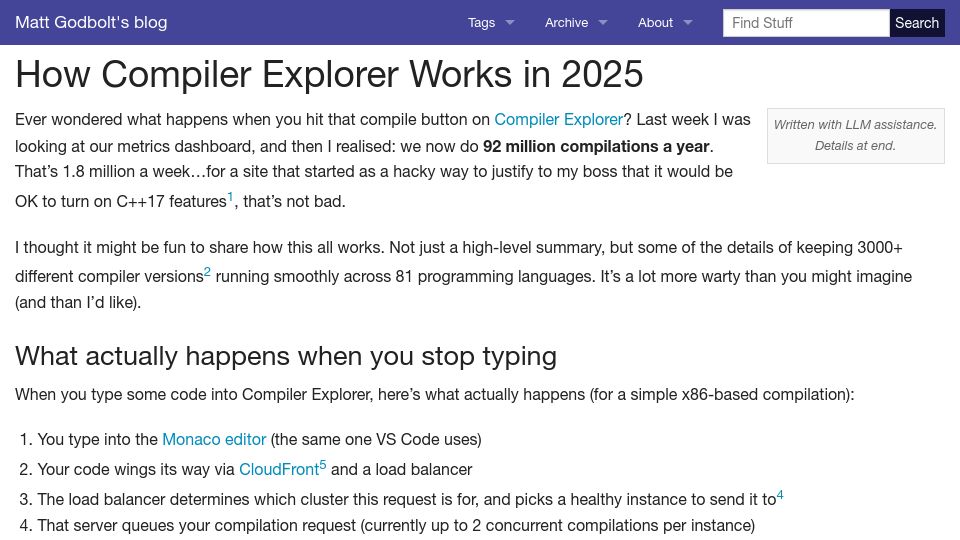 Screenshot of xania.org: How Compiler Explorer Works in 2025