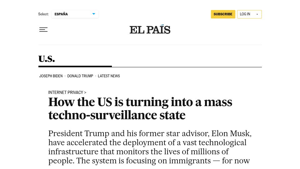 Screenshot of english.elpais.com: The US is turning into a mass techno-surveillance state