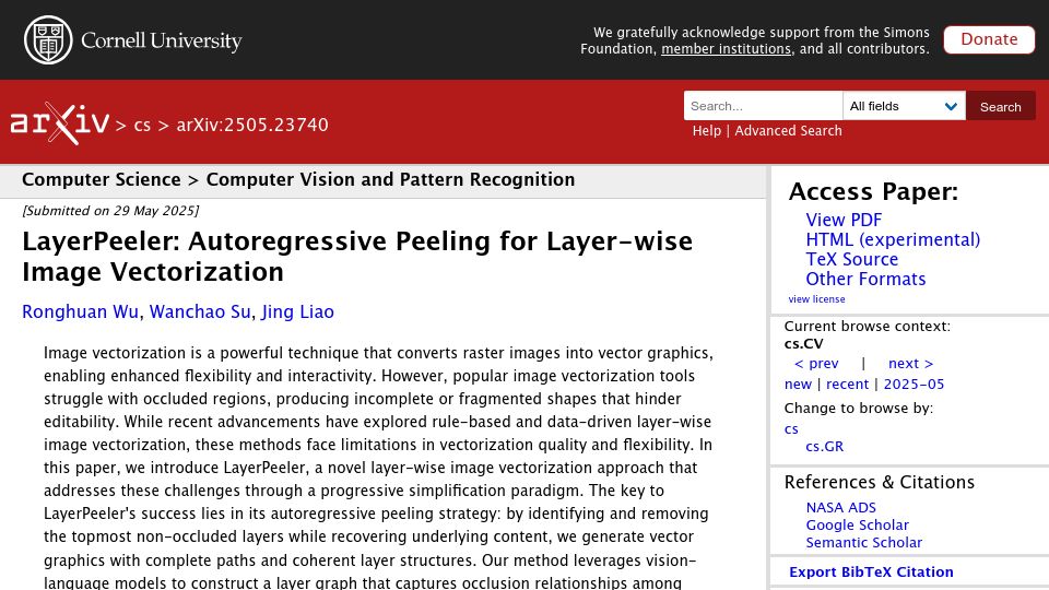 Screenshot of arxiv.org: LayerPeeler: Autoregressive Peeling for Layer-Wise Image Vectorization