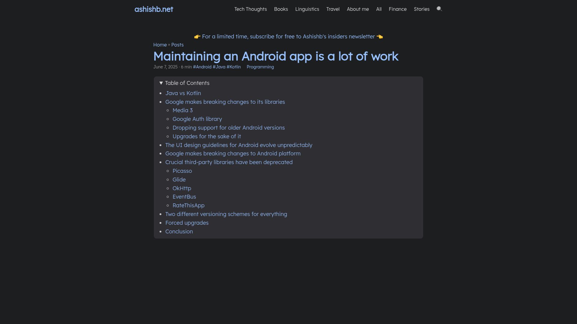 Screenshot of ashishb.net: Maintaining an Android app in Google Play Store is a lot of work