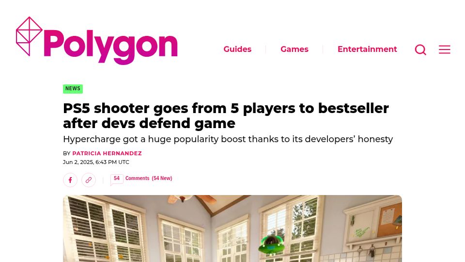 Screenshot of polygon.com: PS5 shooter goes from 5 players to bestseller after devs defend game
