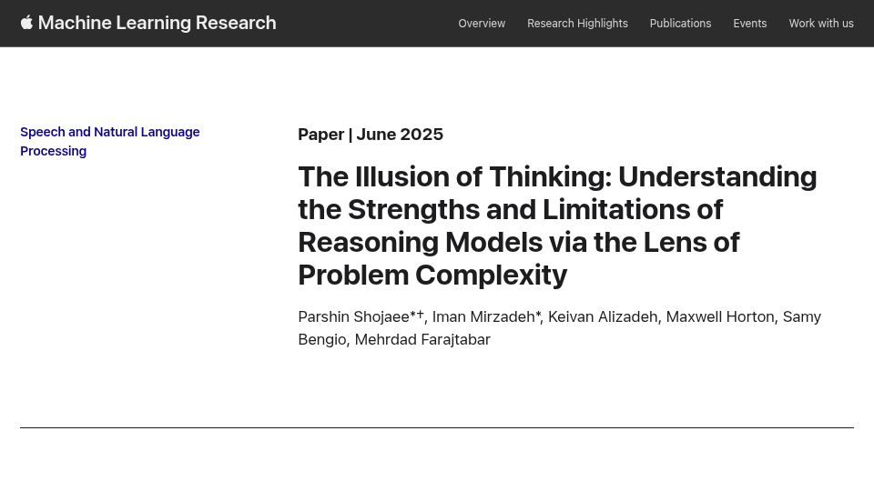 Screenshot of machinelearning.apple.com: The Illusion of Thinking: Strengths and Limitations of Reasoning Models