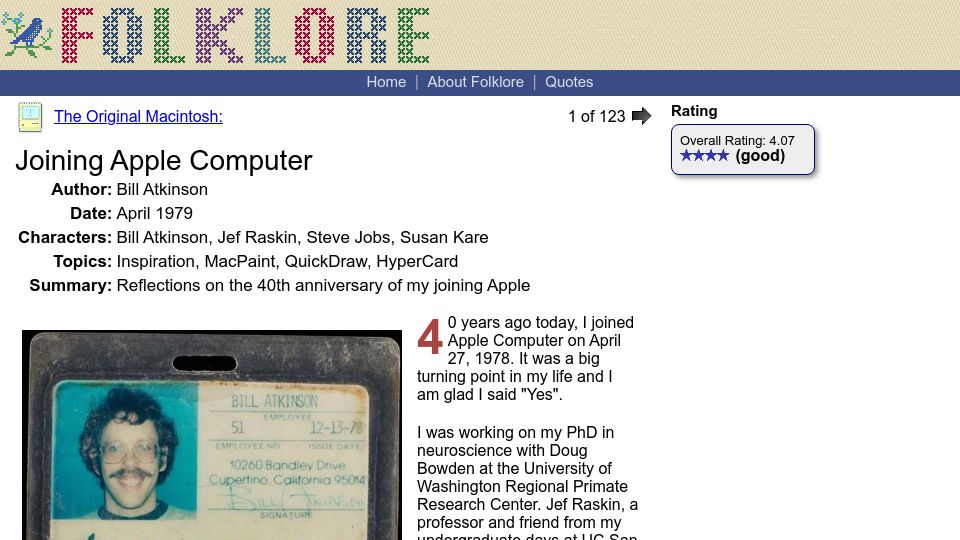 Screenshot of folklore.org: Joining Apple Computer (2018)