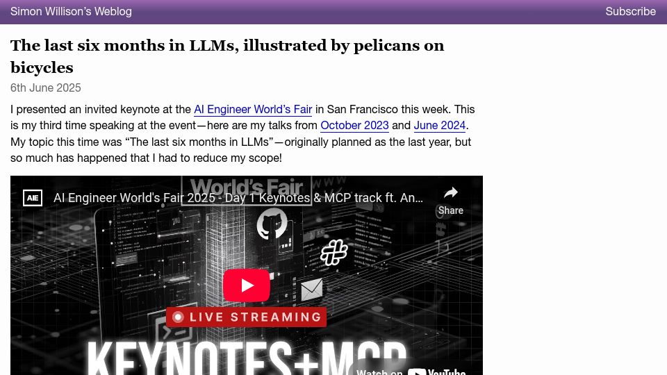 Screenshot of simonwillison.net: The last six months in LLMs, illustrated by pelicans on bicycles