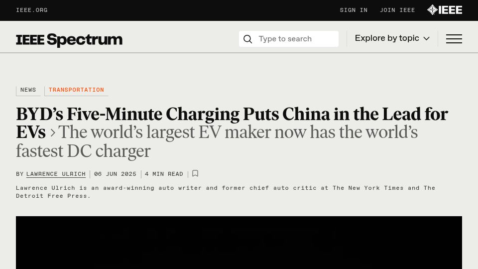 Screenshot of spectrum.ieee.org: BYD's Five-Minute Charging Puts China in the Lead for EVs