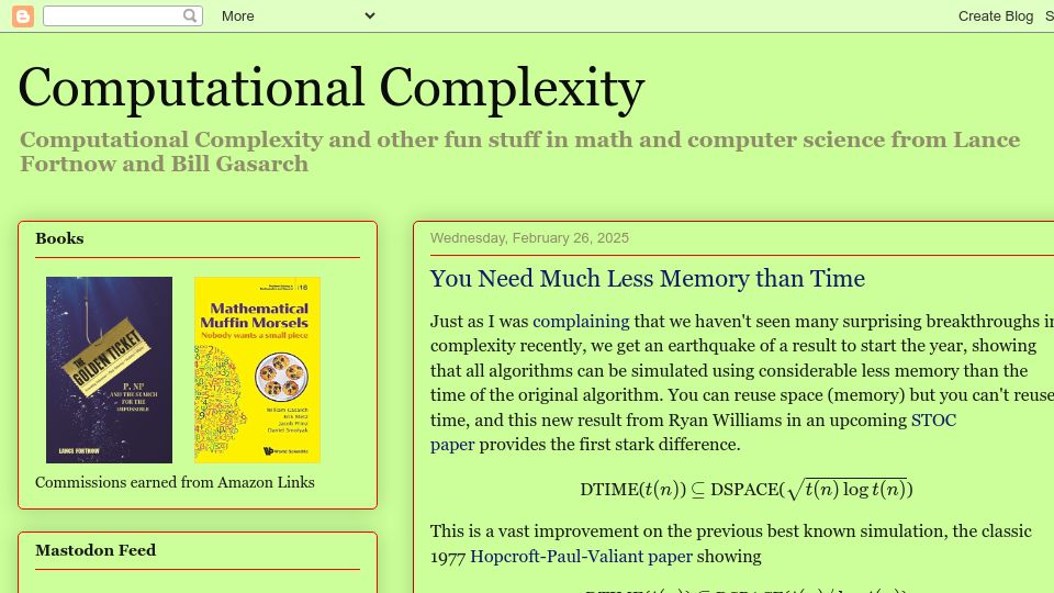 Screenshot of blog.computationalcomplexity.org: You need much less memory than time