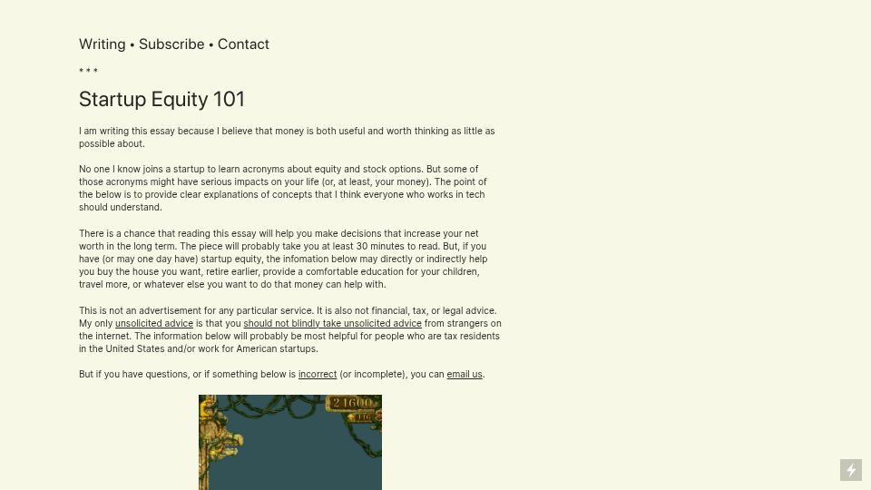 Screenshot of quarter--mile.com: Startup Equity 101