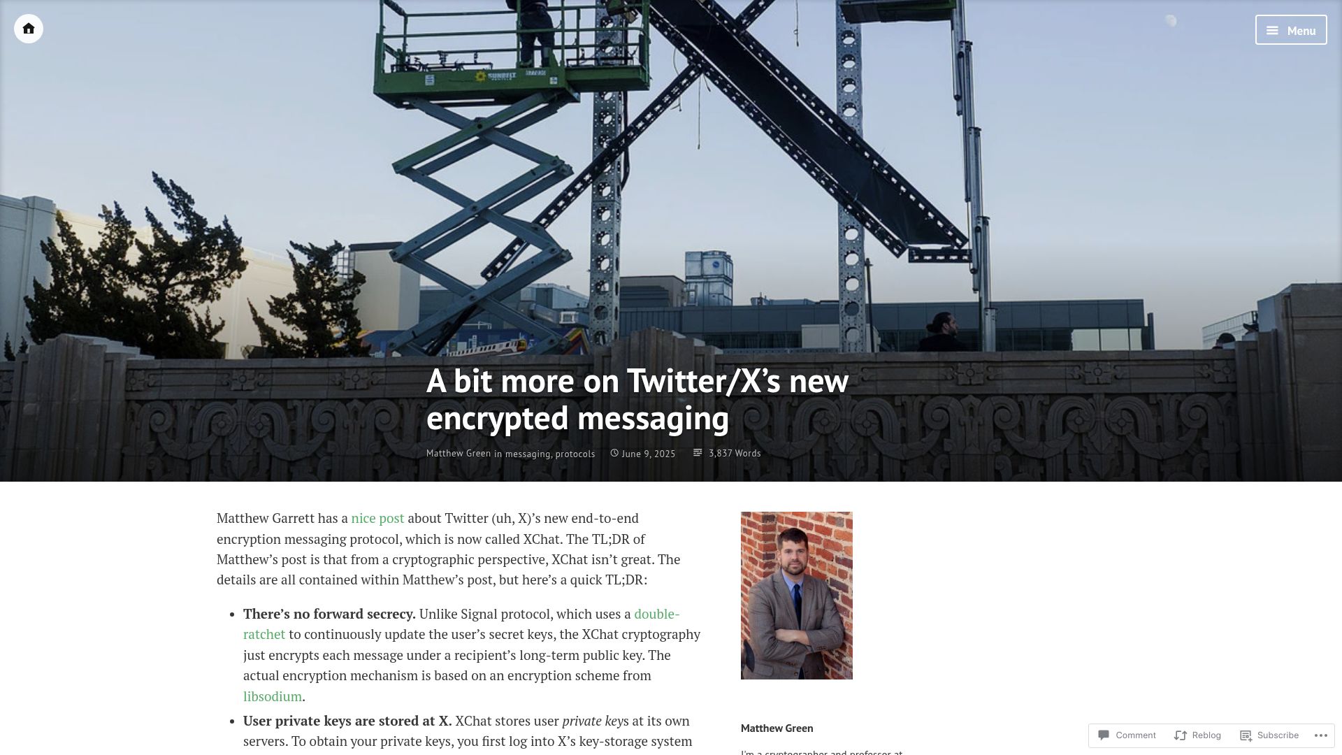 Screenshot of blog.cryptographyengineering.com: A bit more on Twitter/X's new encrypted messaging