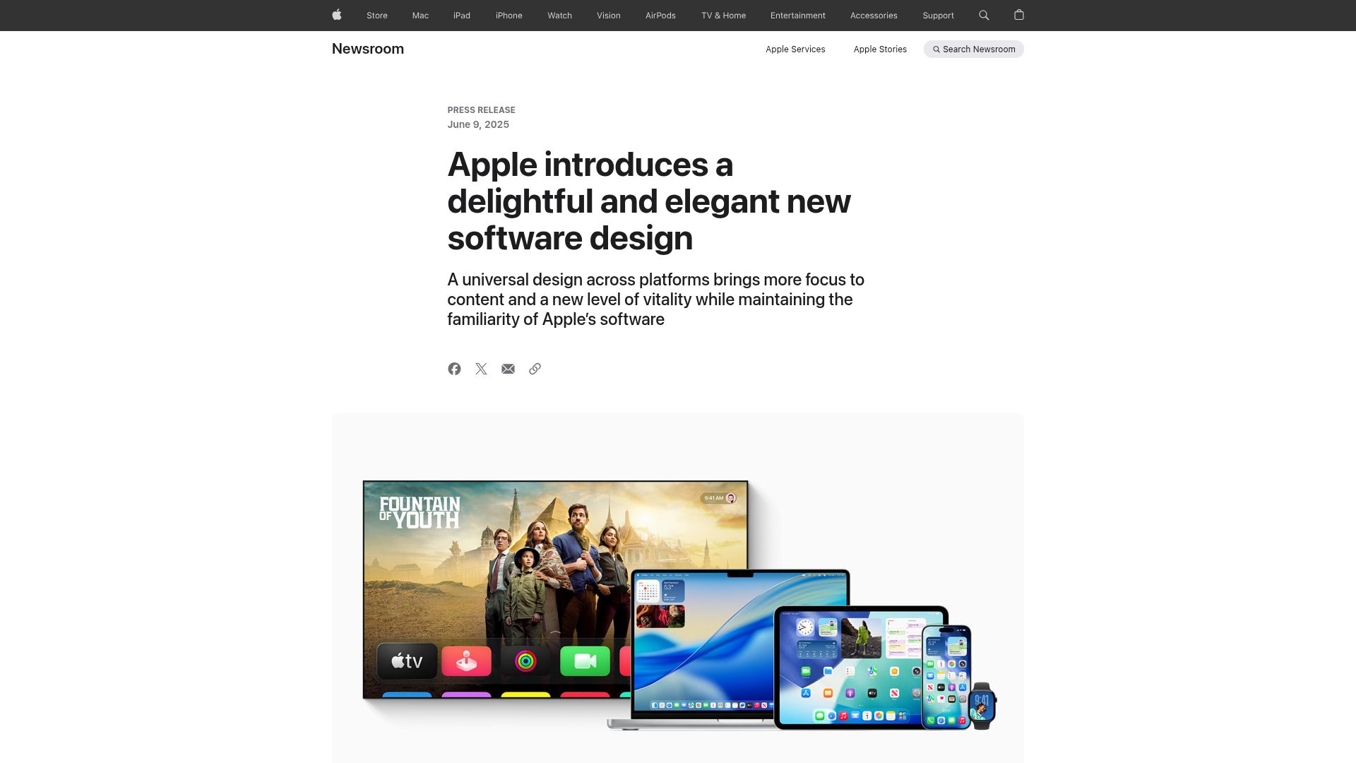 Screenshot of apple.com: Apple introduces a universal design across platforms