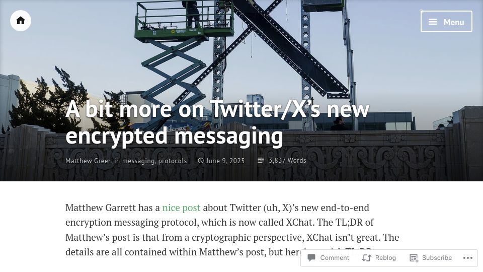 Screenshot of blog.cryptographyengineering.com: A bit more on Twitter/X's new encrypted messaging