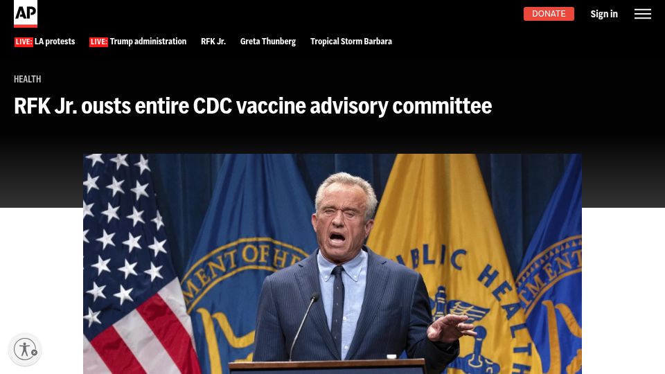 Screenshot of apnews.com: RFK Jr. ousts entire CDC vaccine advisory committee