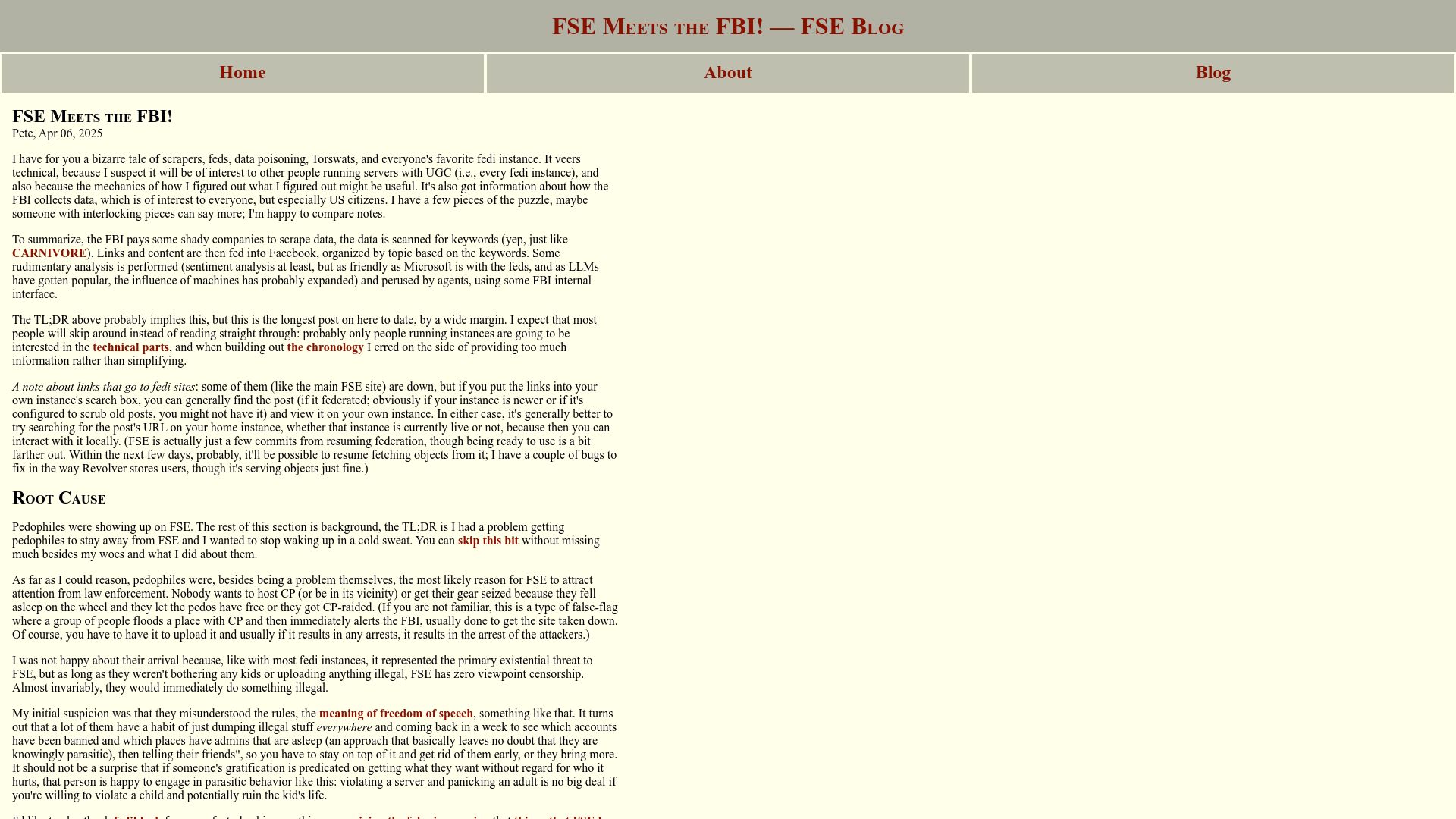 Screenshot of blog.freespeechextremist.com: FSE meets the FBI