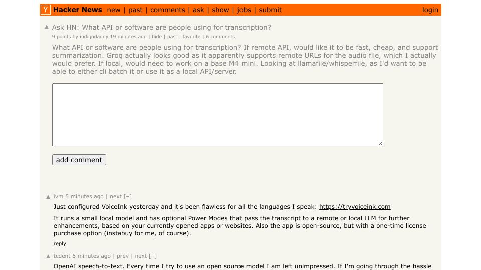 Screenshot of Hacker News post: Ask HN: What API or software are people using for transcription?