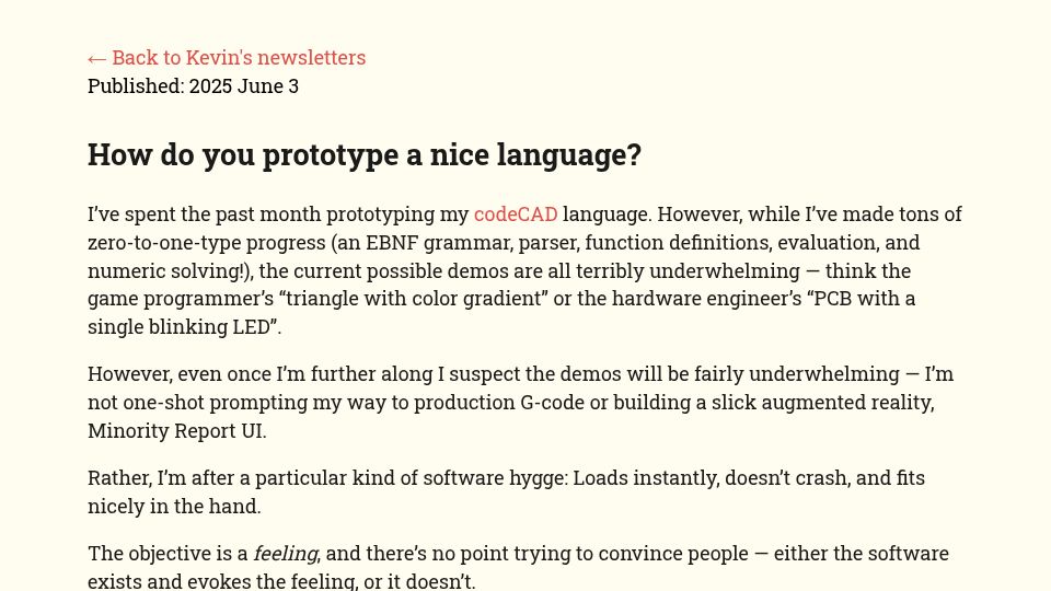Screenshot of kevinlynagh.com: How do you prototype a nice language?