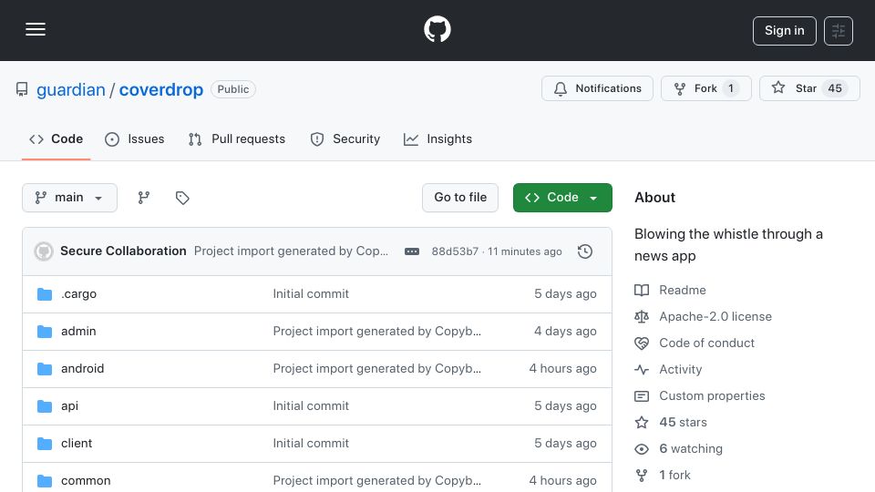 Screenshot of github.com: CoverDrop: A secure messaging system for newsreader apps