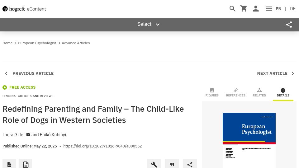 Screenshot of econtent.hogrefe.com: The child-like role of dogs in Western societies