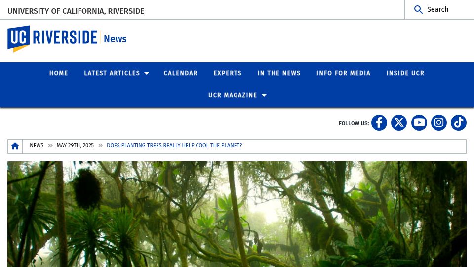 Screenshot of news.ucr.edu: Forests offset warming more than thought: study
