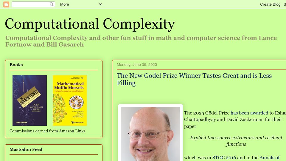 Screenshot of blog.computationalcomplexity.org: The new Gödel Prize winner tastes great and is less filling