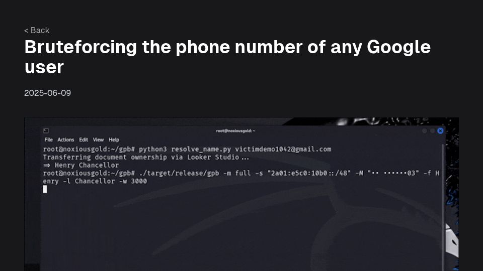 Screenshot of brutecat.com: Bruteforcing the phone number of any Google user
