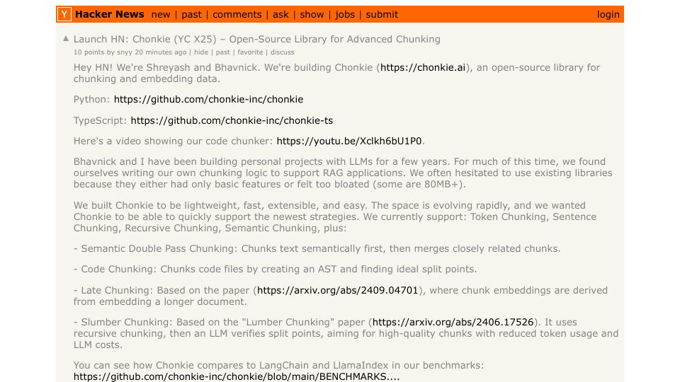 Screenshot of Hacker News post: Launch HN: Chonkie (YC X25) – Open-Source Library for Advanced Chunking
