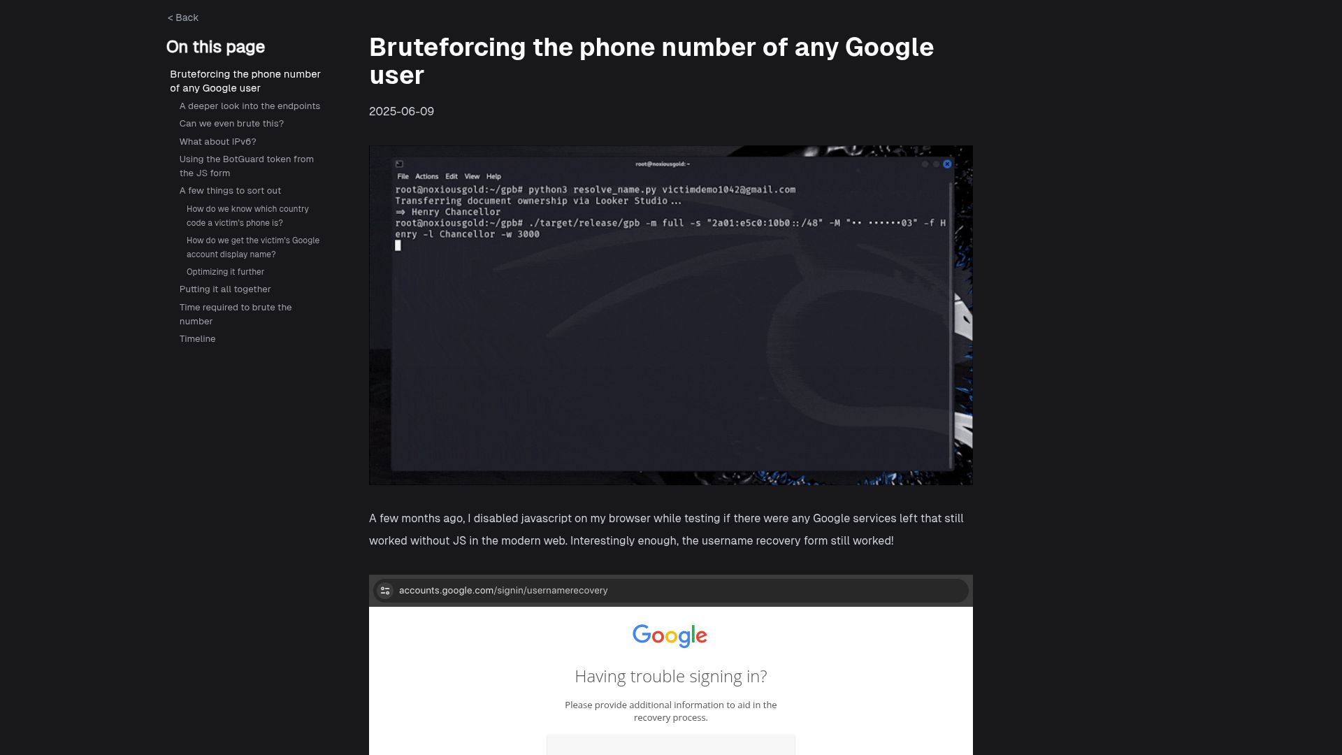 Screenshot of brutecat.com: Bruteforcing the phone number of any Google user