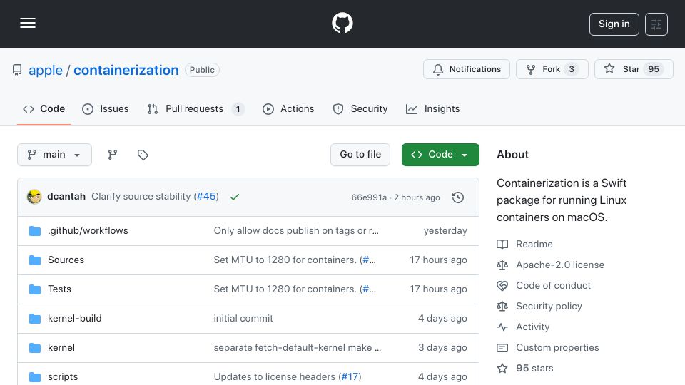 Screenshot of github.com: Containerization is a Swift package for running Linux containers on macOS