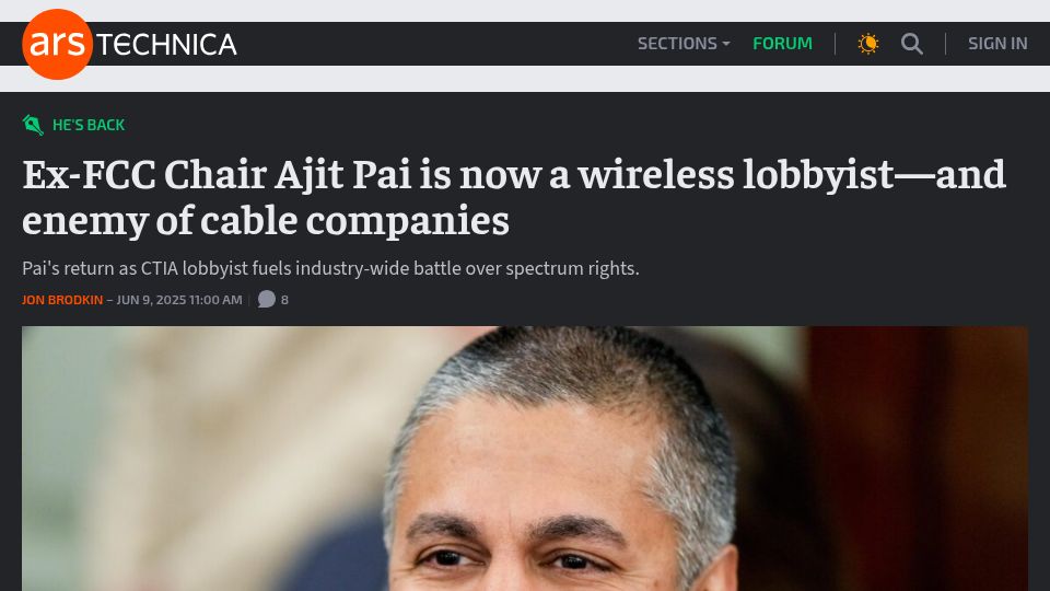 Screenshot of arstechnica.com: Ex-FCC Chair Ajit Pai is now a wireless lobbyist