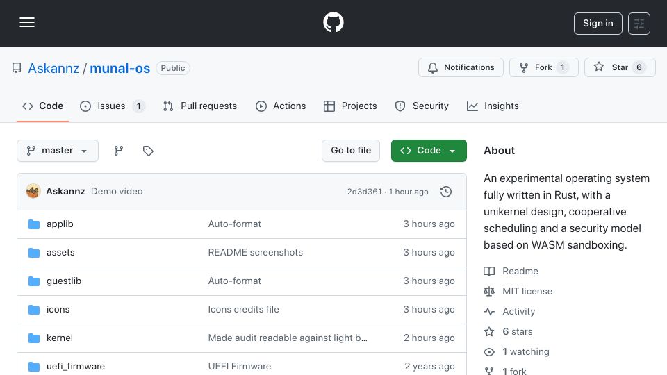 Screenshot of github.com: Show HN: Munal OS: a graphical experimental OS with WASM sandboxing