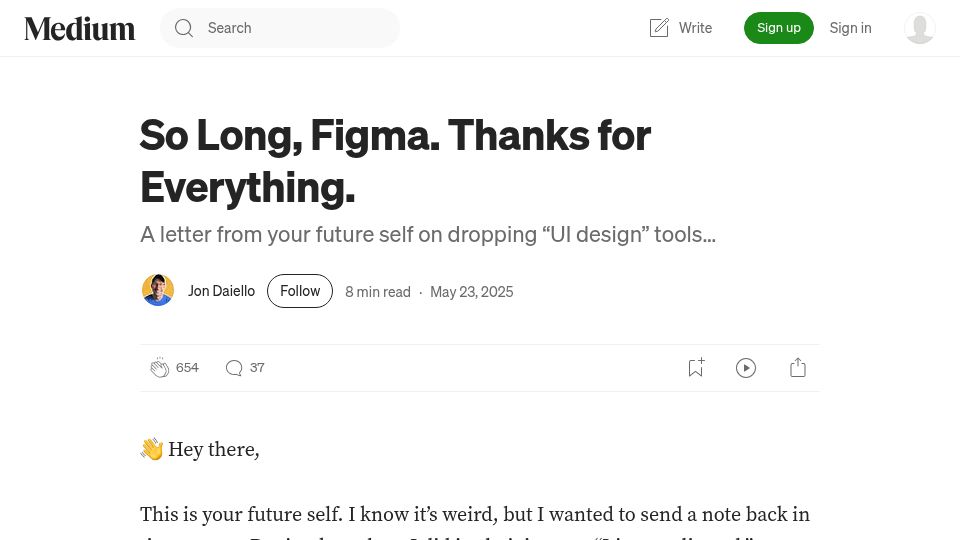 Screenshot of jondaiello.medium.com: So Long, Figma. Thanks for Everything