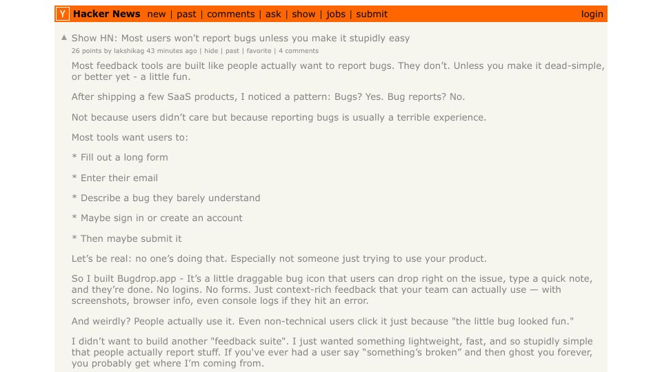 Screenshot of Hacker News post: Show HN: Most users won't report bugs unless you make it stupidly easy