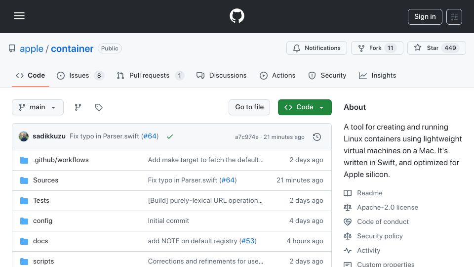 Screenshot of github.com: Container: Apple's Linux-Container Runtime