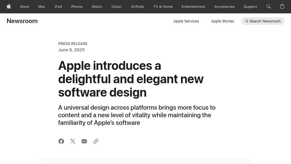 Screenshot of apple.com: Apple introduces a universal design across platforms