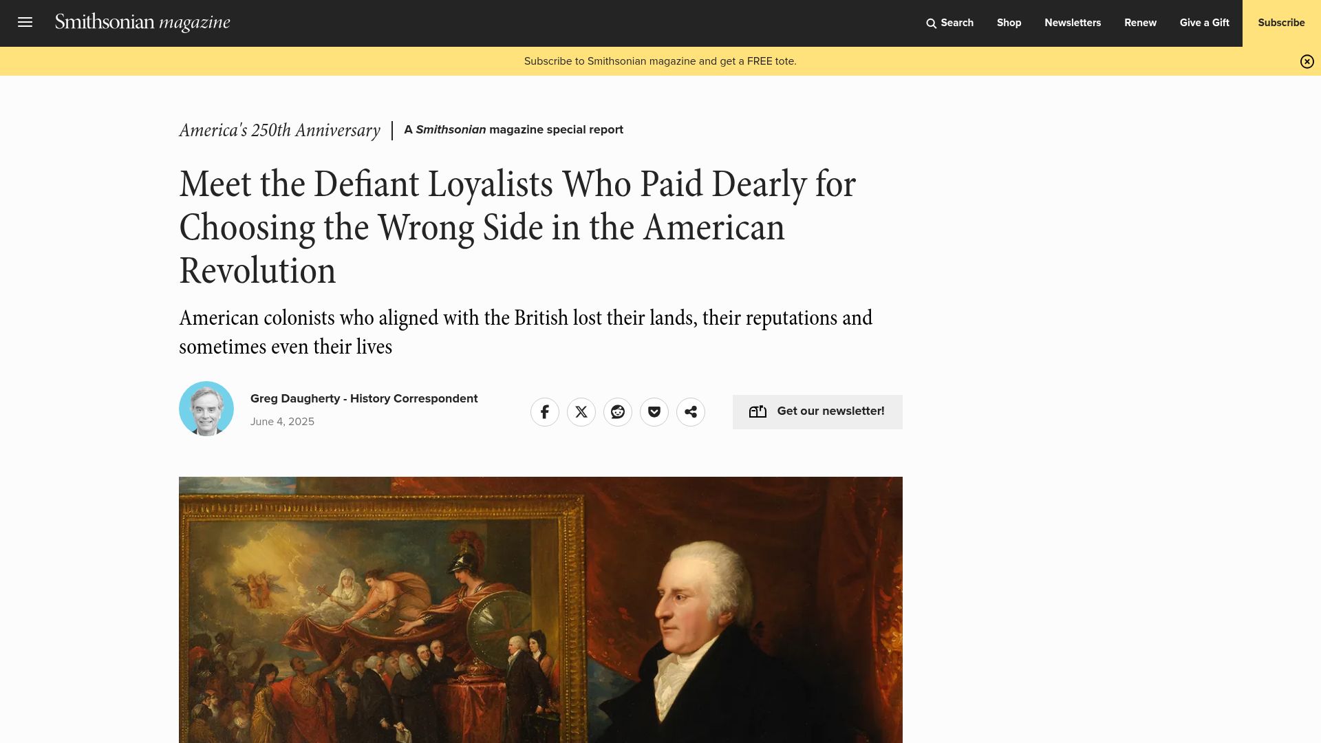 Screenshot of smithsonianmag.com: Defiant loyalists paid dearly for choosing wrong side in the American Revolution