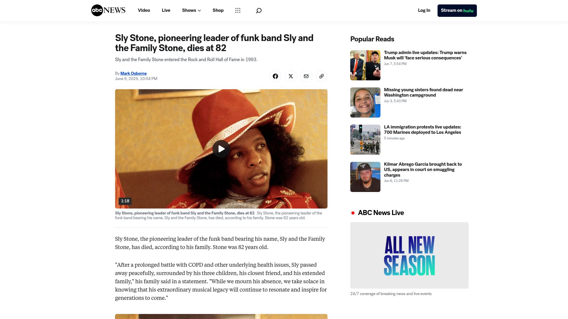 Screenshot of abcnews.go.com: Sly Stone has died