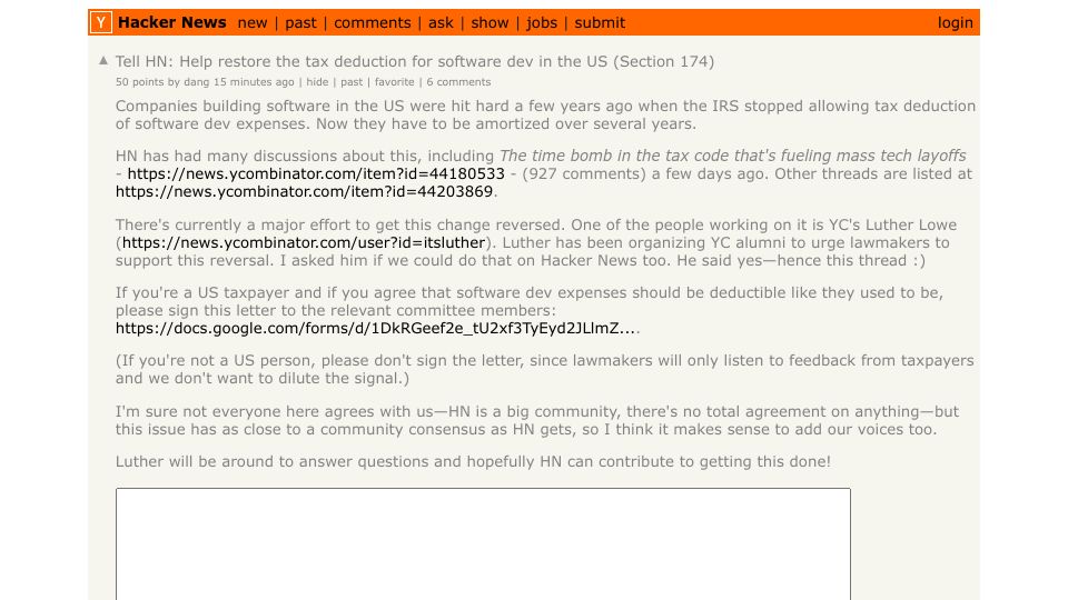 Screenshot of Hacker News post: Tell HN: Help restore the tax deduction for software dev in the US (Section 174)