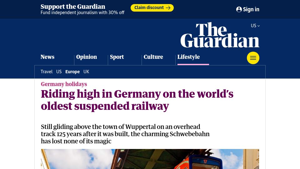 Screenshot of theguardian.com: Riding high in Germany on the world's oldest suspended railway