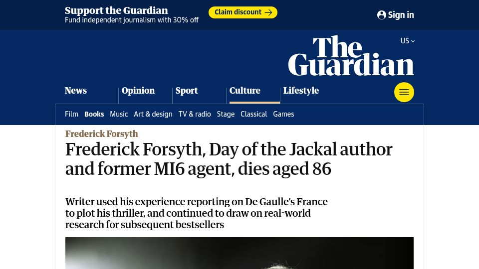 Screenshot of theguardian.com: Frederick Forsyth has died