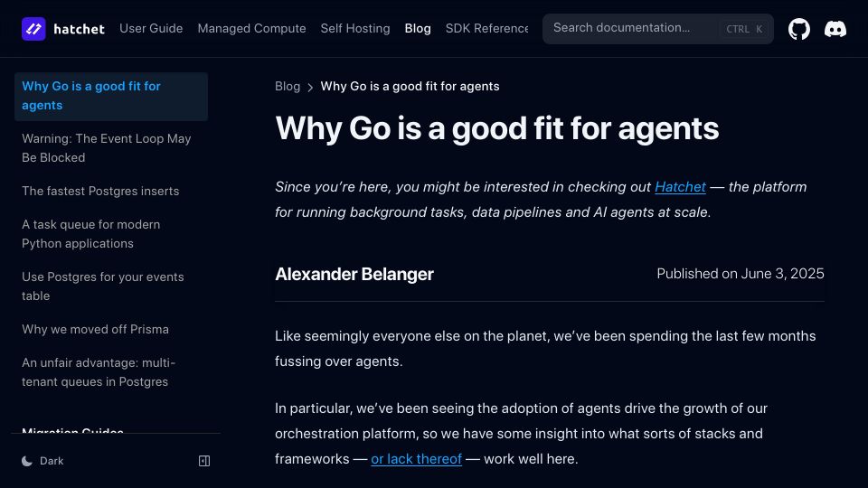 Screenshot of docs.hatchet.run: Go is a good fit for agents