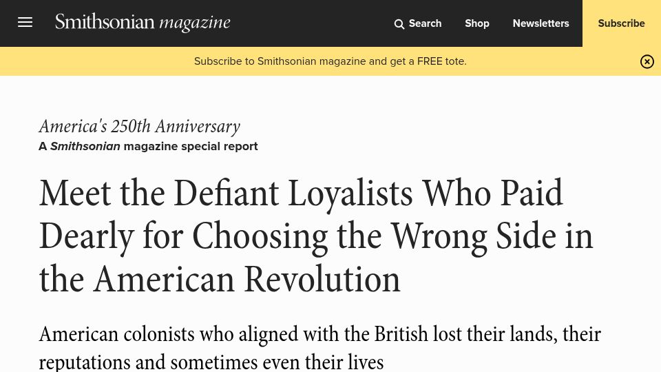 Screenshot of smithsonianmag.com: Defiant loyalists paid dearly for choosing wrong side in the American Revolution